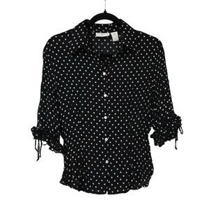 Vintage Caviar Black Polka Dot Ruffle Button Front Blouse S Feminine 90s Retro